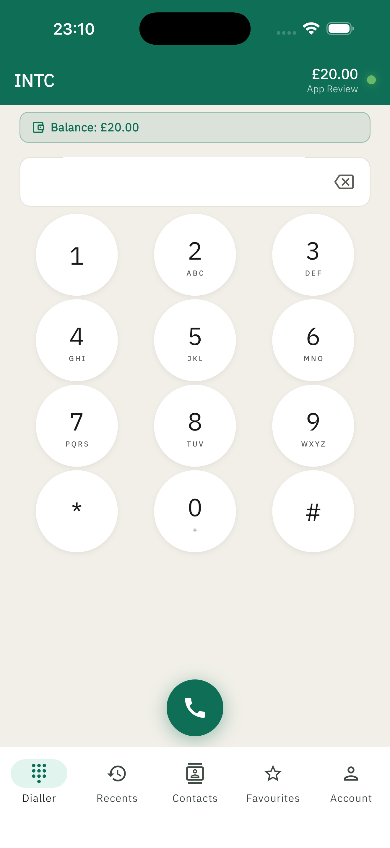 INTC dialler screen